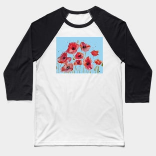 Red Poppy Watercolor Painting on Pastel Blue Baseball T-Shirt
